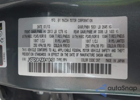 2013 Mazda Cx-9 Touring z USA, uszkodzony, nr VIN JM3TB2CA2D0410481